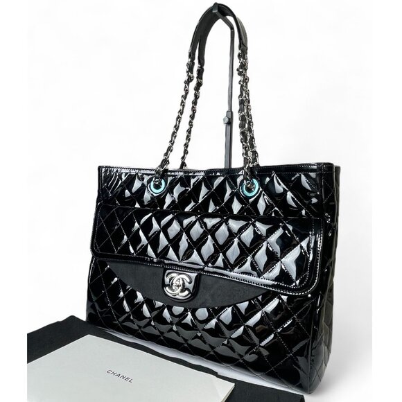 CHANEL Patent Quilted Leather Coco Shine Shopping Tote Large CC Chain Bag - Picture 2 of 16